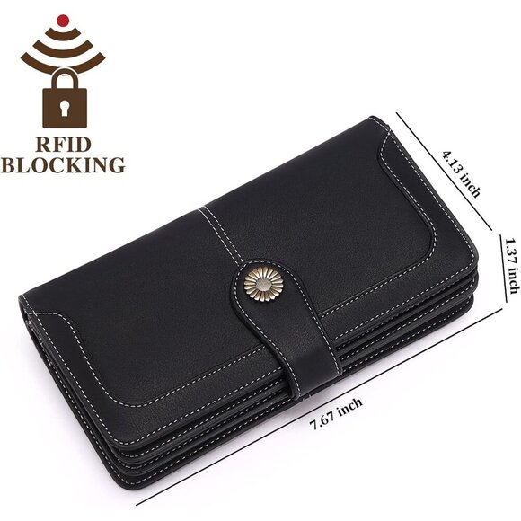 Women Leather Wallet Large Capacity Bifold RFID Blocking Card Holder with Zipper - Picture 4 of 6